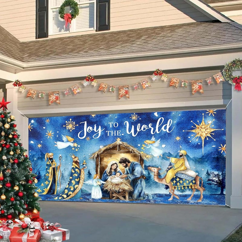 DZLGC Christmas Nativity Garage Door Decoration Cover, Large Christmas Jesus Birthday Garage Door Banner Backdrop, Joy to The World Winter Holiday Supplies Party Background for Photo Decor 16X7FT - Image 5